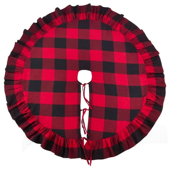 SARO  53 in. Round Buffalo Plaid Ruffle Design Decorative Cotton Christmas Tree Skirt  Red
