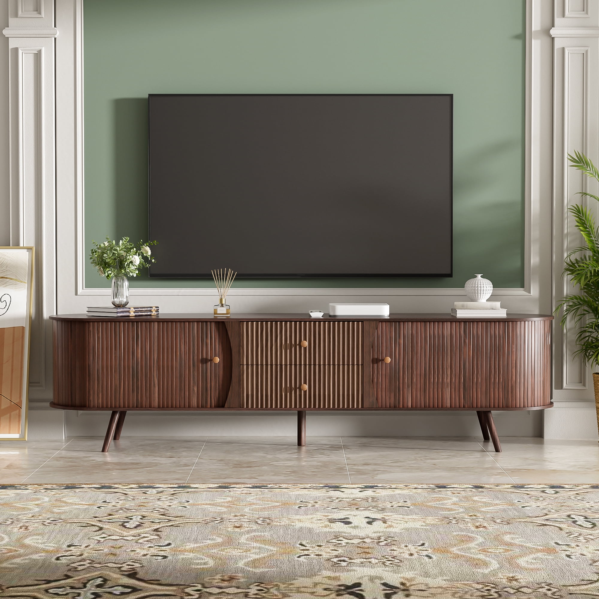 Mintazer 70" Mid Century Modern TV Stand for 80" TVs, Entertainment Center with 2 Fluted Drawers & 2 Cabinets, TV Consoles with Tambour Doors for Living Room, Dark Brown