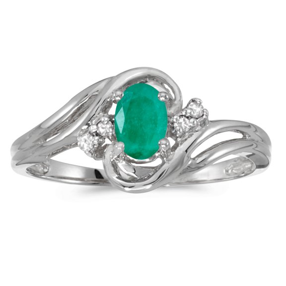 14k White Gold Oval Emerald And Diamond Ring