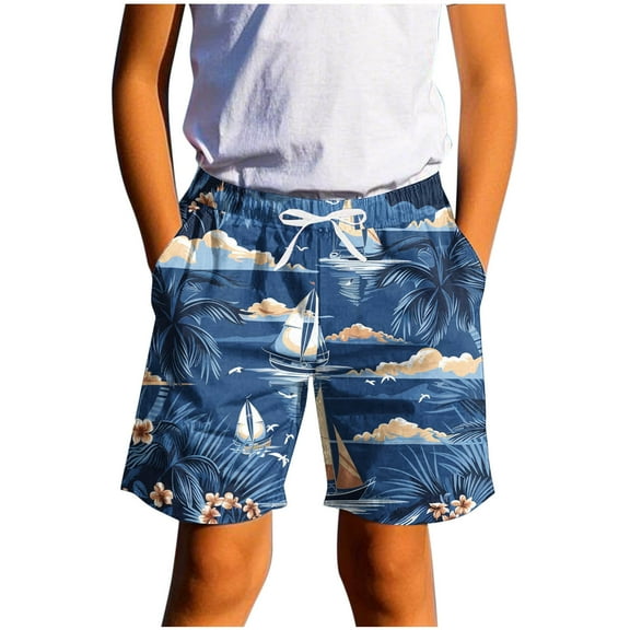 ATOGUTA Boys Swim Shorts Casual Printed Summer Beach Shorts Swimsuit Kids Quick Dry Swimwear Dark Blue, Size 7-14