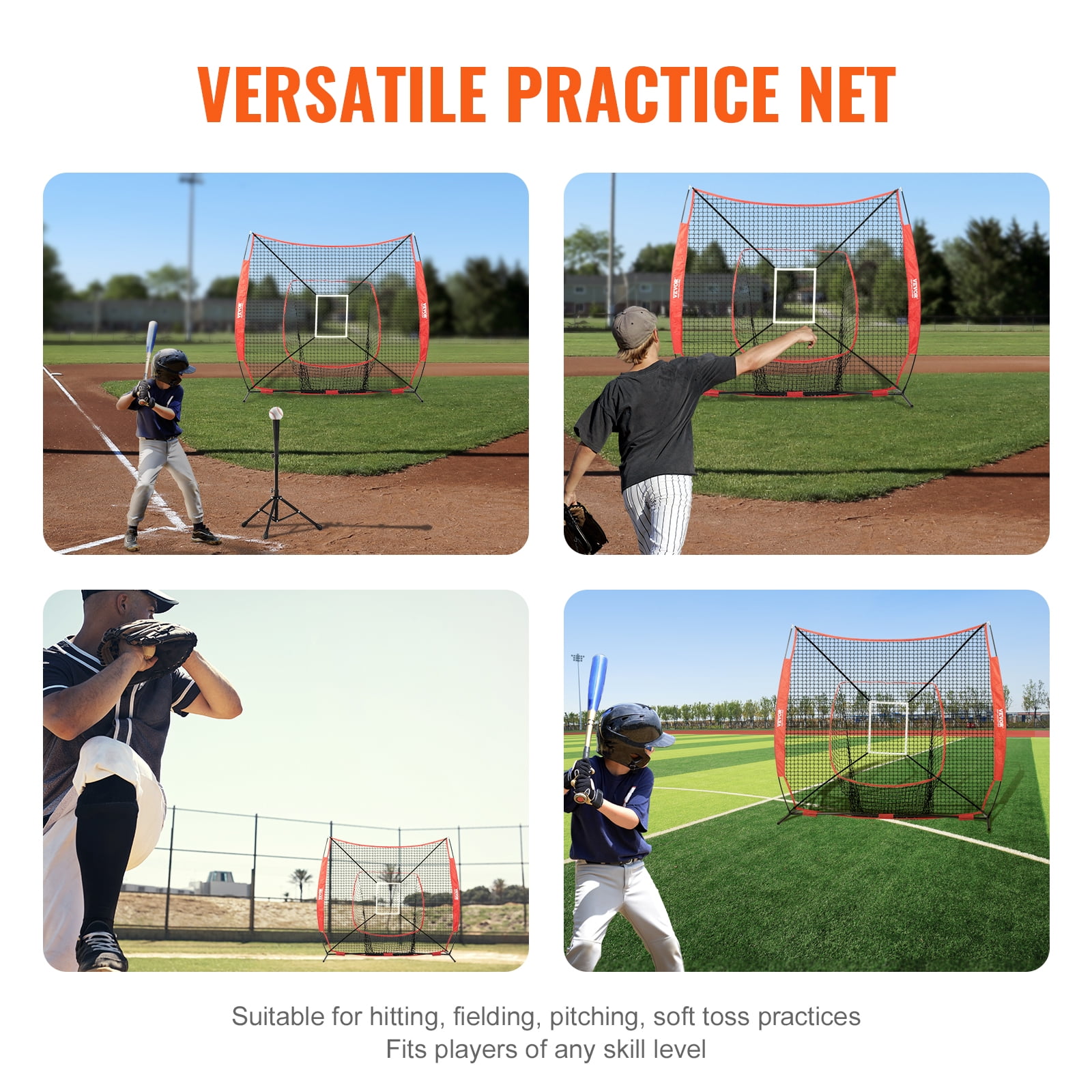 VEVOR 7x7 ft Baseball Softball Practice Net, Portable Baseball Training Net for Hitting Batting Catching Pitching, Backstop Baseball Equipment Training Aids with Strike Zone (Without framework)