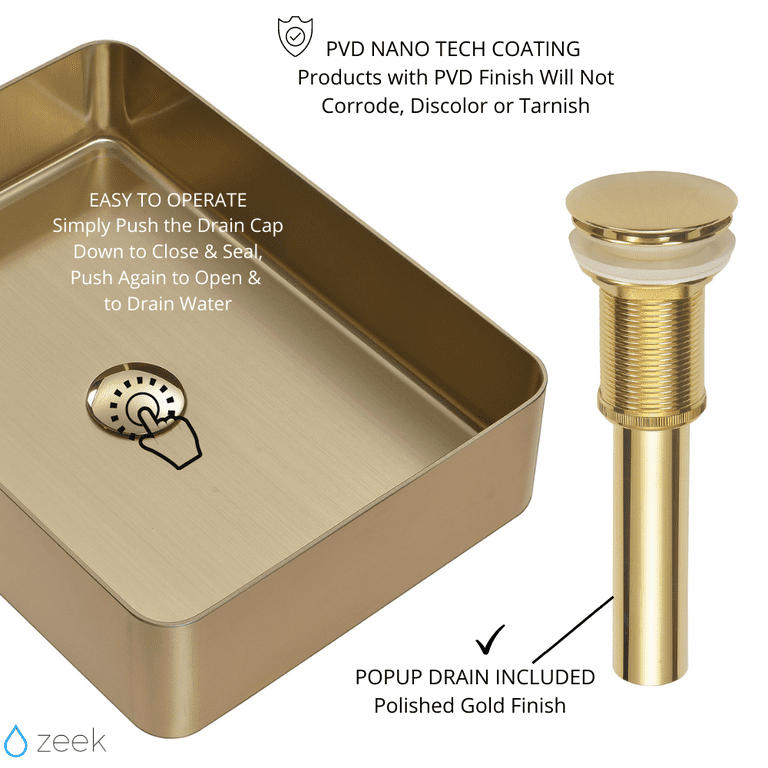 Zeek 18”x13” Gold Rectangular Vessel Bathroom Sink Stainless Steel