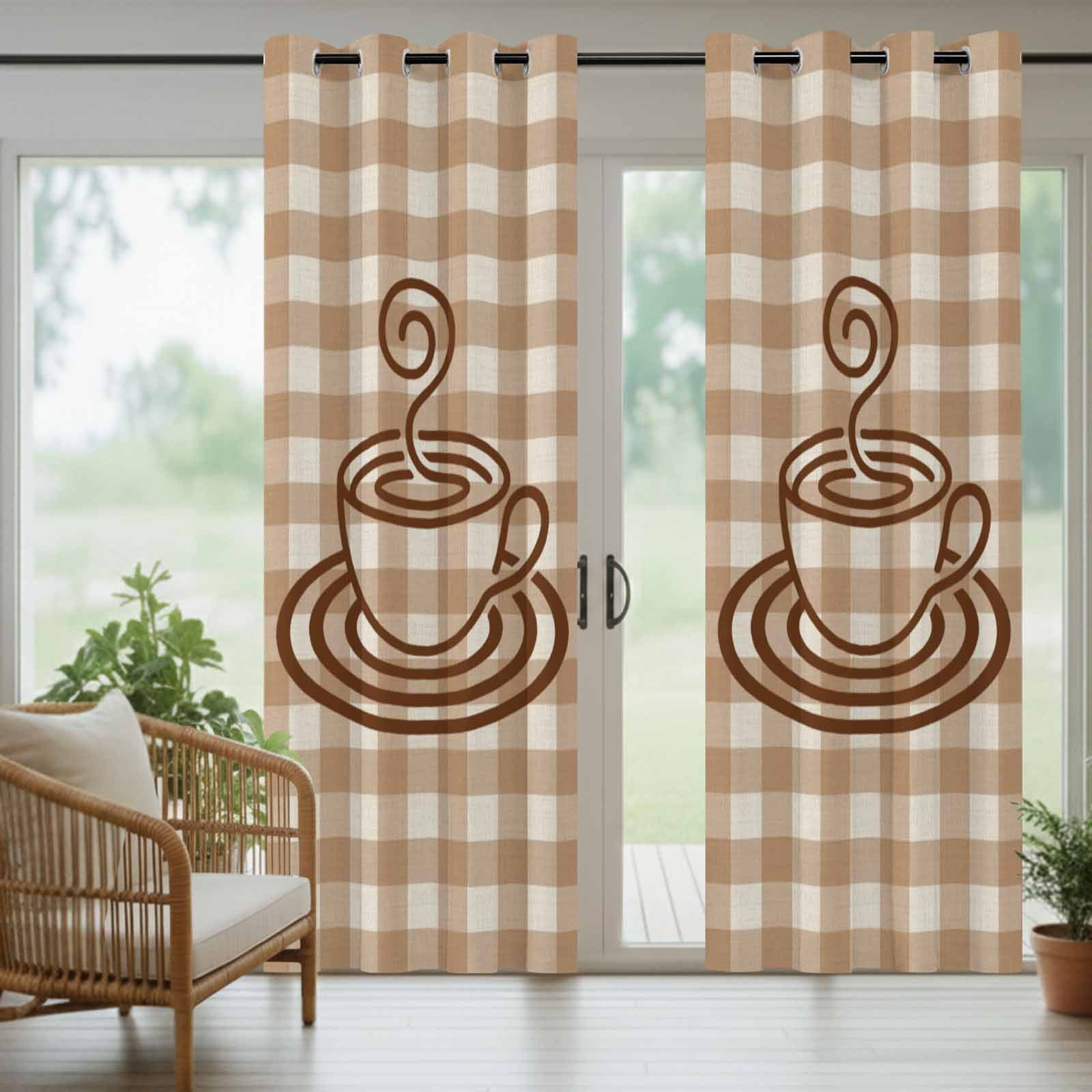 Coffee Cup Outdoor Curtains for Patio, Retro Country Brown Lines Cup Brown Plaid Sunshade Privacy Drapes Grommet Waterproof Outside Curtains for Porch/Cabana/Balcony 54"x 108", 1 Panel