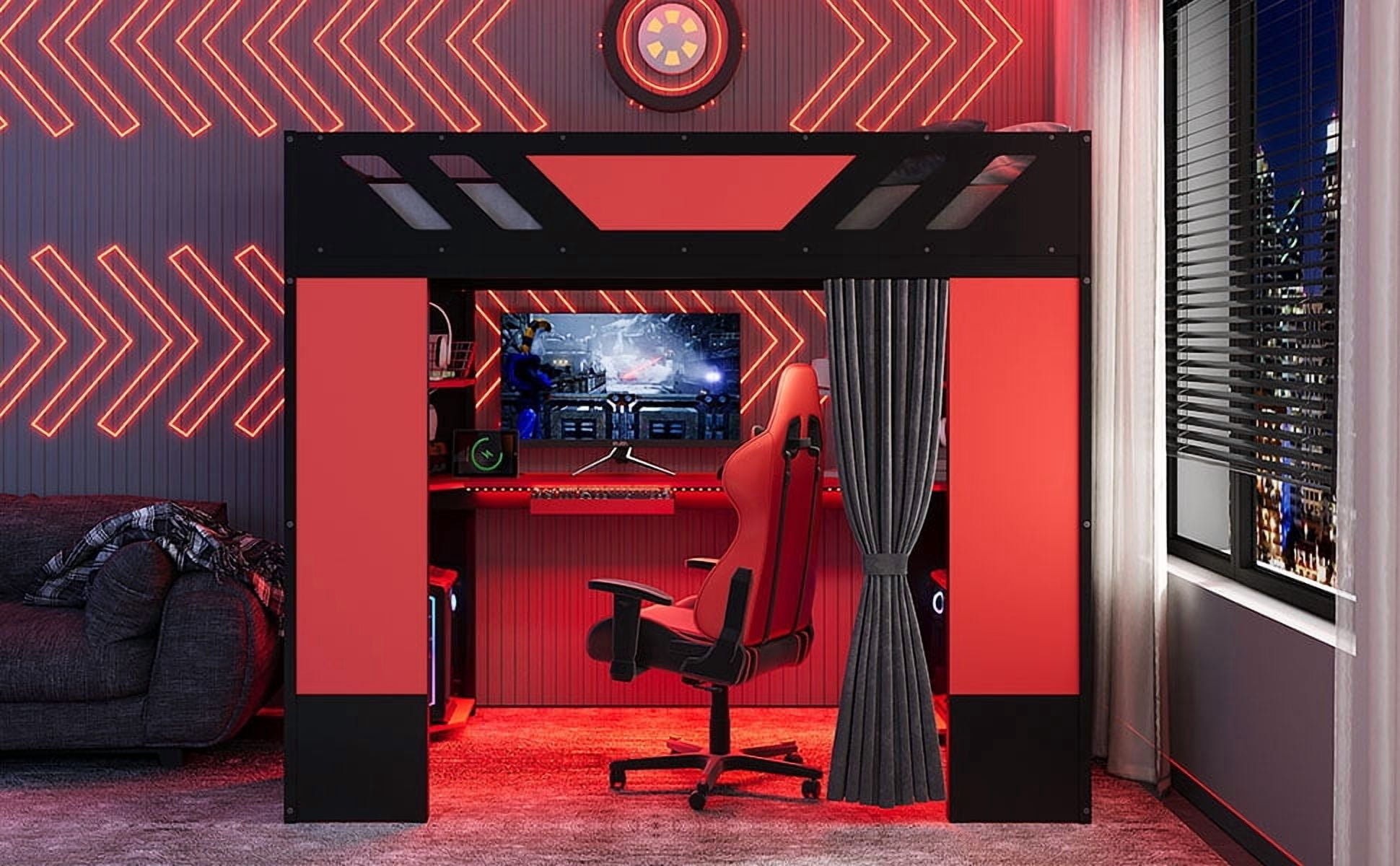 Mintazer Full Size Loft Bed with RGB Light & Desk, Cool Gaming Bed with Blackout Curtains & Storage Shelves for Dorm, Apartment, Black & Red