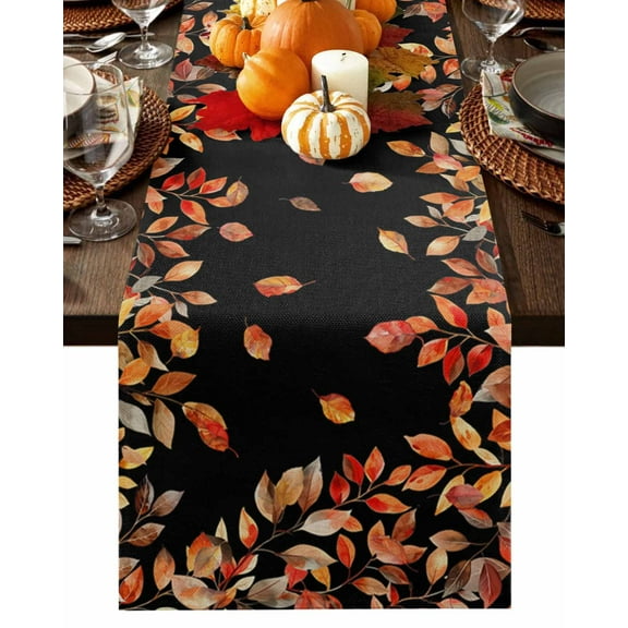 Fall Table Runner Thanksgiving Hello Fall Table Runners Autumn Leaves Black Cotton Linen Dresser Scarf Kitchen Dining Table Decor for Fall Holiday Party Decor 13x90 Inch