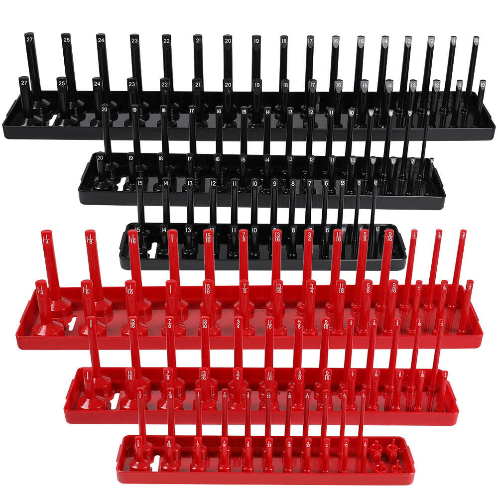 RED BLUE 12pc HANDLE ABS SOCKET RAILS 1/4" 3/8" 1/2" RACK TRAY HOLDER ORGANIZERS 
