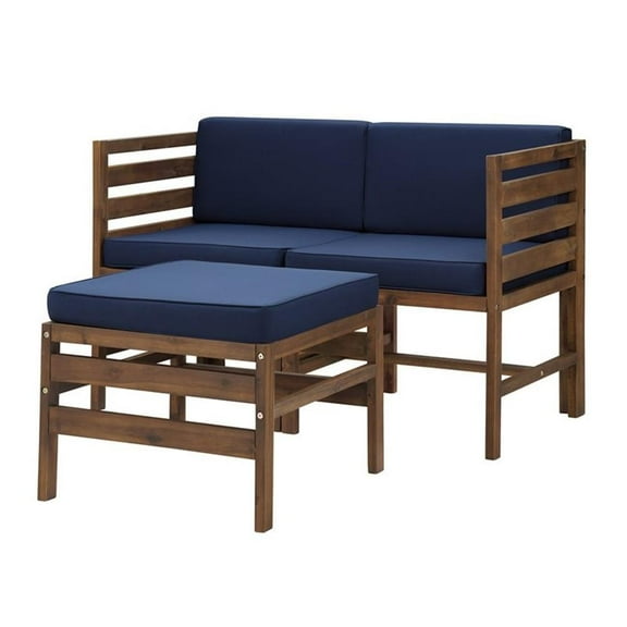 Pemberly Row Modular Acacia Patio Arm Chairs and Ottoman in Dark Brown/Navy Blue