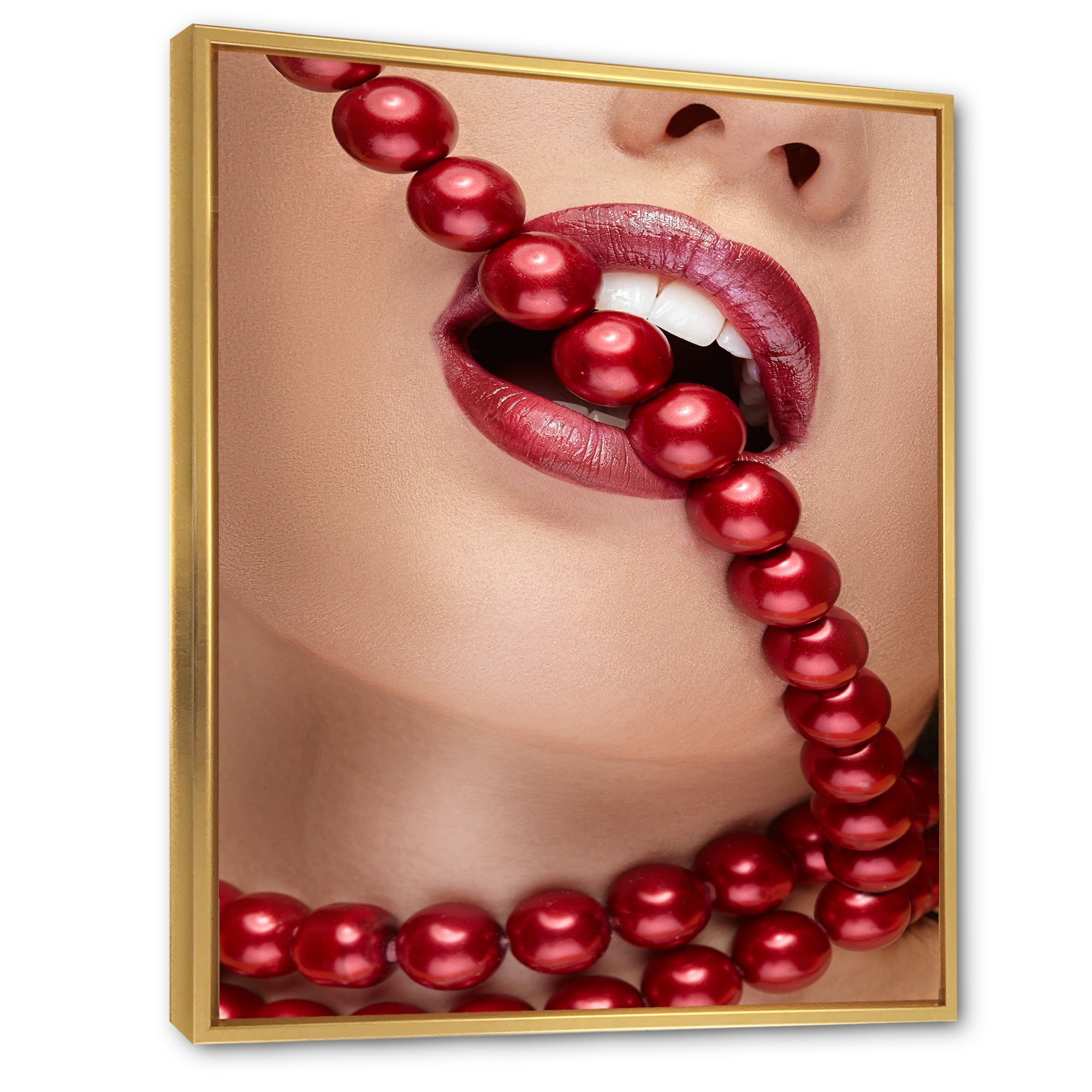 Designart 'Girl Mouth With Red Lipstick Biting Red Pearls' Modern Framed Canvas Wall Art Print
