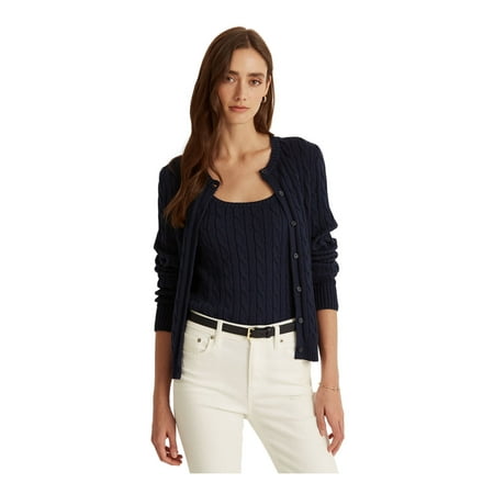 LAUREN RALPH LAUREN Womens Navy Ribbed Long Sleeve Crew Neck Button Up Cardigan L