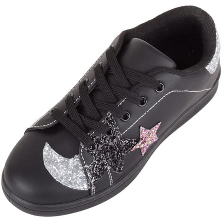 

ABSOLUTE FOOTWEAR Childrens Kids Slip On Lace Up Sparkly Glitter Running Walking Sports Leisure Trainers Sneakers - Black - US Child 3