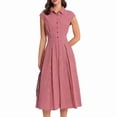 thumbnail image 3 of Women Short Sleeve Midi Dress Casual Button Down Striped Waist Shirt Dresses Pink L, 3 of 5