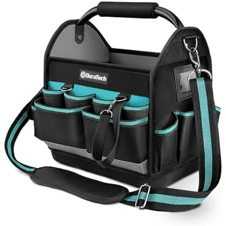 12 Inch Tool Tote with Waterproof Hard Bottom, Electrician Tool Bag with Rotating Handle, Open Top Tool Bag Wide Mouth Multi-Pockets, Tool for Mechanic Plumber Electrician HVAC