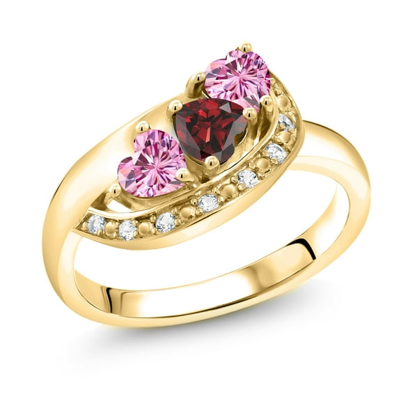 Gem Stone King 18K Yellow Gold Plated Silver Red Garnet and Pink Moissanite and White Created Sapphire Engagement Ring for Women (0.89 Cttw, Gemstone January Birthstone, Heart Shape 4MM, Size 5)