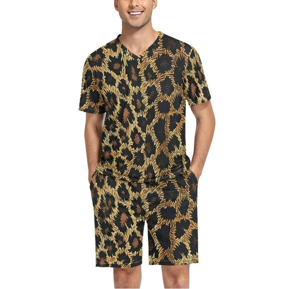 joogoo Men's Pajama Set Leopard Pattern V-Neck Pj Shorts Set 2 Piece Loungewear Sleepwear L