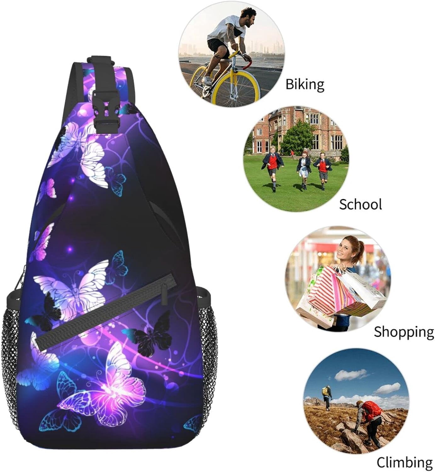 Purple Butterfly Glow In Dark Sling Bag Crossbody Hiking Travel Chest Bags Backpack Shoulder Daypack for Women Men