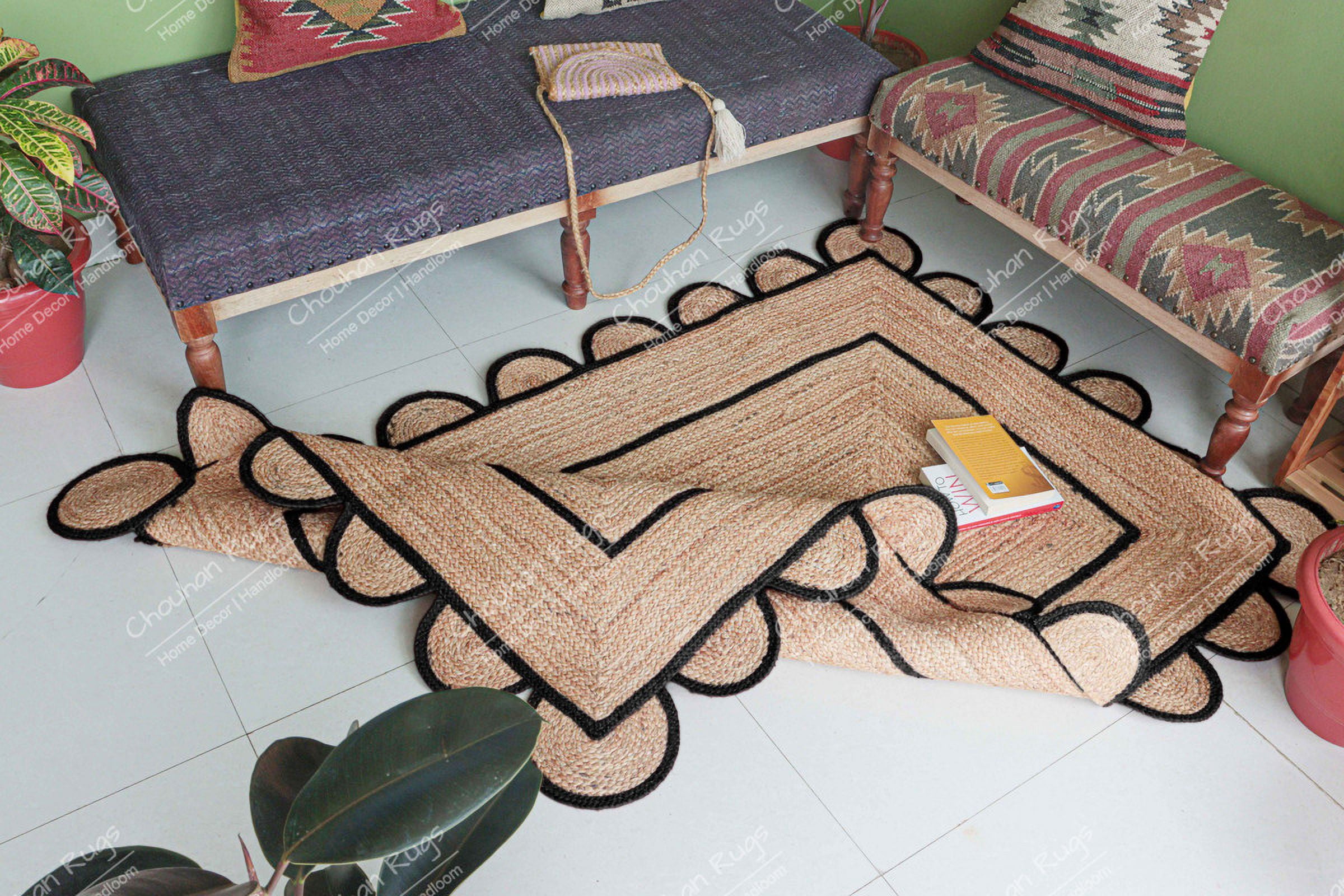 Area Rug Natural Jute Hand Braided Rug Black Scalloped Runner