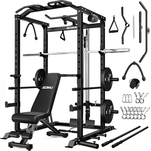 MITONOS Power Cage, 2000LBS Squat Rack with LAT Pulldown, Multi-Function Power Rack Strength Training Machine, Weight Lifting Equipment with More Attachments for Home Gym Garage