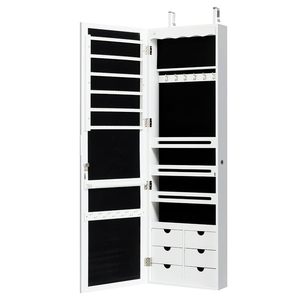 MAT EXPERT Wall Mount Jewelry Armoire With Mirror - Lockable LED Jewelry Cabinet With Drawers