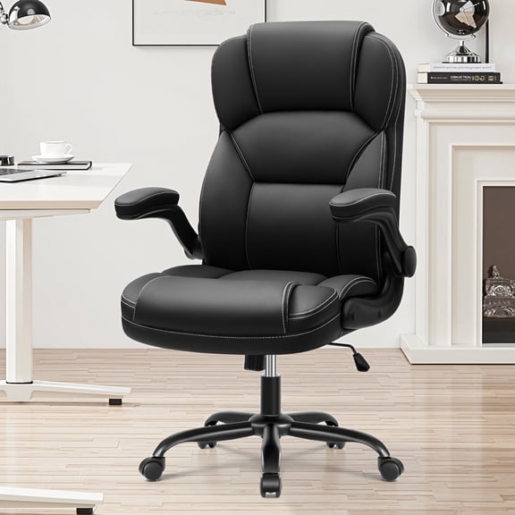COOLHUT Bige and Tall Executive Office Chair 400lbs, Ergonomic PU Leather Computer Chair with Flip-Up Armrests, Comfy Heavy Duty Office Desk Chair for Home Office Gaming, Black