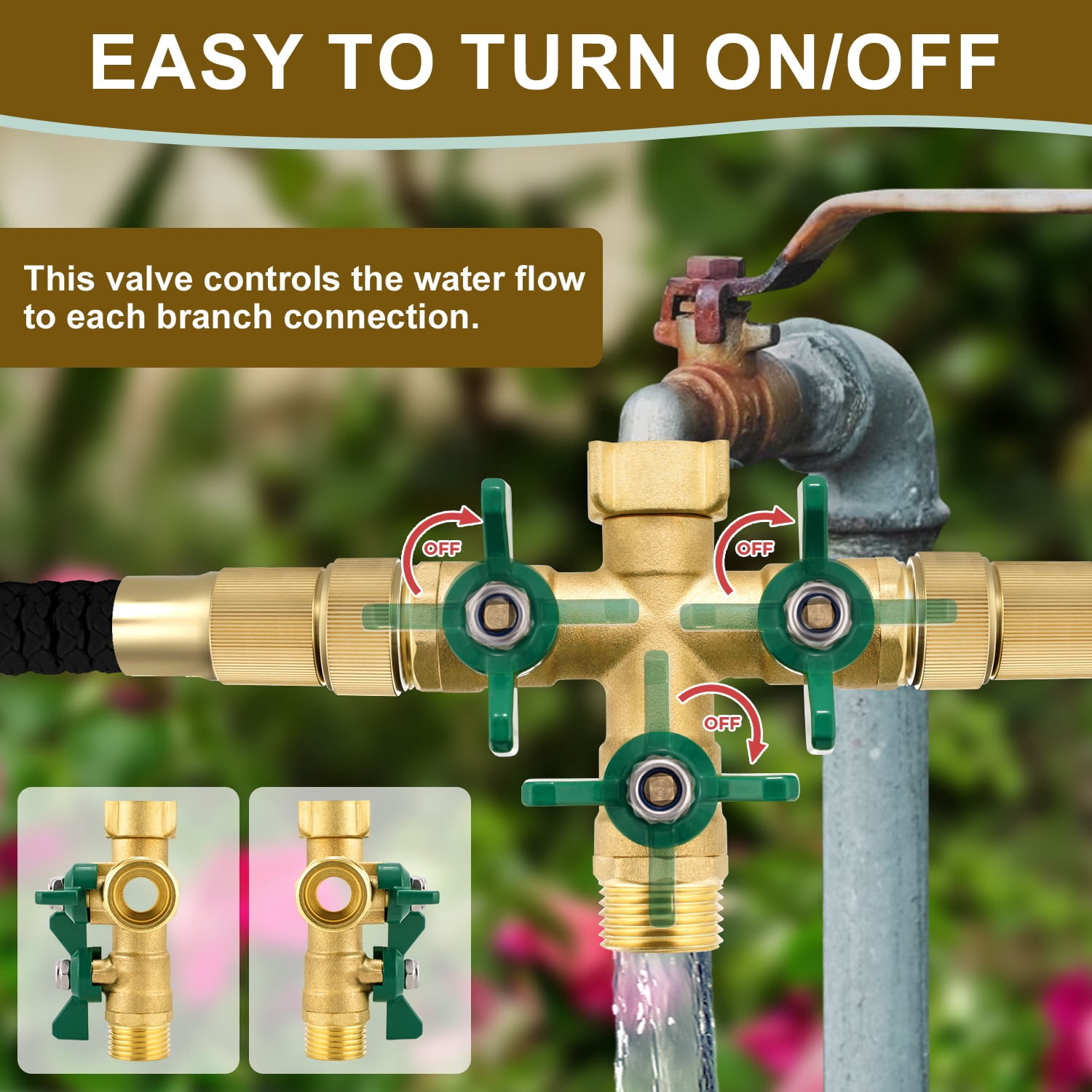 3-Way Brass Garden Hose Splitter, Heavy Duty Water Hose Valve with Long Handles for Lawn and Yard Watering