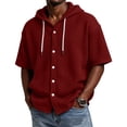thumbnail image 3 of Men's Waffle Knit Short Sleeve Hoodie With Button Down Front And Drawstring Featuring Casual Loose Fit For Summer Streetwear Beach Vacation Wine XL, 3 of 8