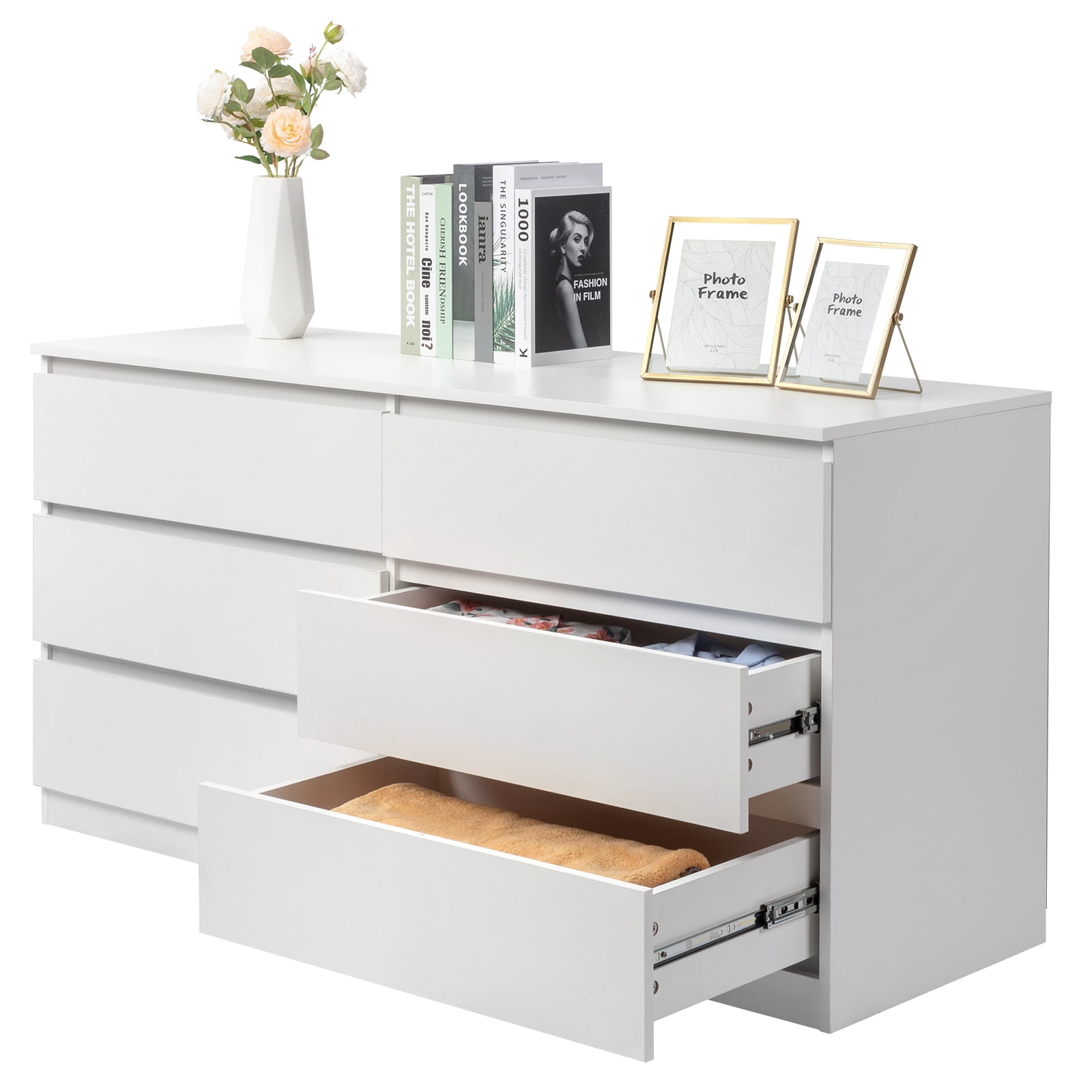 6-Drawer Double Dresser Spacious Storage Easy Assembly With Anti-Toppling Accessories For Bedroom Living Room Entryway​ White