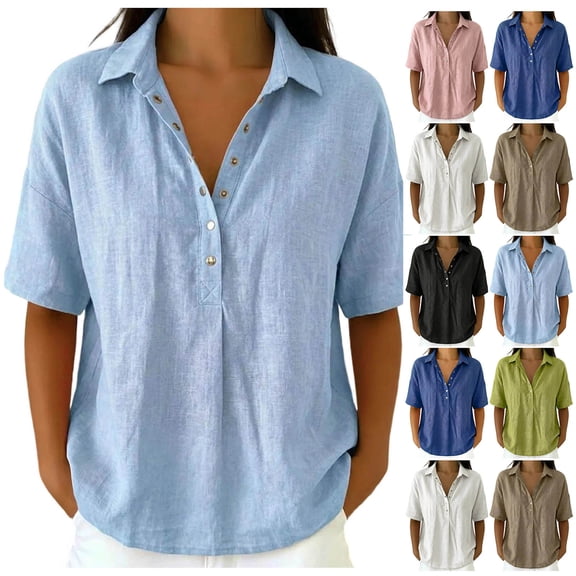Miluxas Women's Cotton Linen Button Up Short Sleeve Blouse Lapel Loose Fit Work office Tunic Shirts Summer Beach Vacation Outfits White