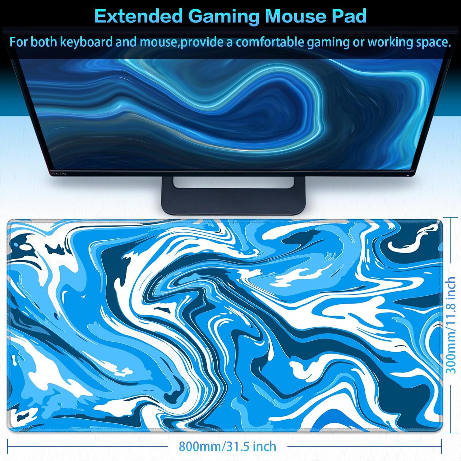 Gaming Mouse Pad, Fluid Pattern Mouse Pad 31.5x11.8inch Large Extended Computer Mouse Mat Keyboard Full Desk Mousepad for Gaming, Office, Home