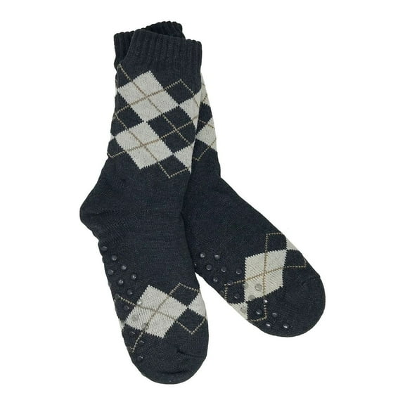 Women’s Argyle Pattern Sherpa Lined Slipper Socks in Dark Gray and White, Non-Slip, One Size