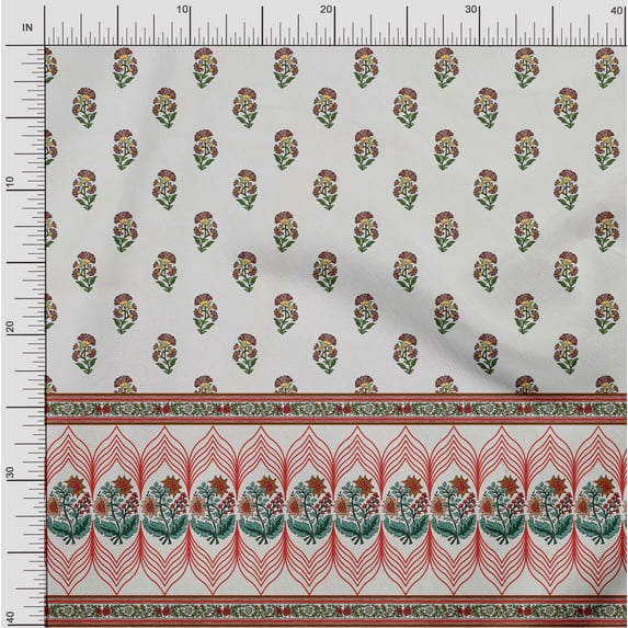 Soimoi Crepe Silk Fabric Stripe,Leaves & Floral Panel Printed Fabric 1 Yard 42 Inch Wide