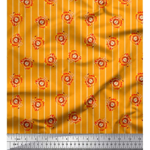 Soimoi Orange Poly Georgette Fabric Stripe,Fire Ring & Lion Cartoon Print Sewing Fabric BTY 42 Inch Wide