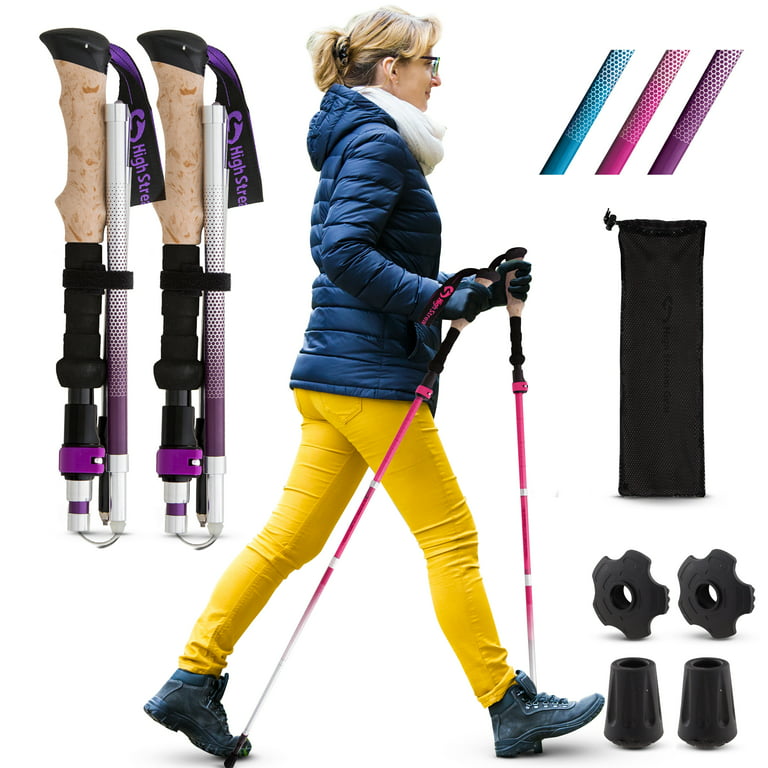 High Stream Gear Women's Collapsible Walking Sticks, 2 Long Lightweight  Foldable Hiking & Trekking Poles, Adjustable Quick Lock Folding Backpacking  Poles with Accessories (Purple) 