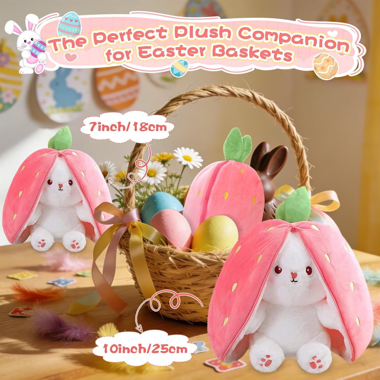 Kawaii Squishy Cute Easter Bunny Plush Turn Into Rabbit Fruit Doll Carrot Strawberry Pillow, Plushies Funny Bunny Toy for Baby