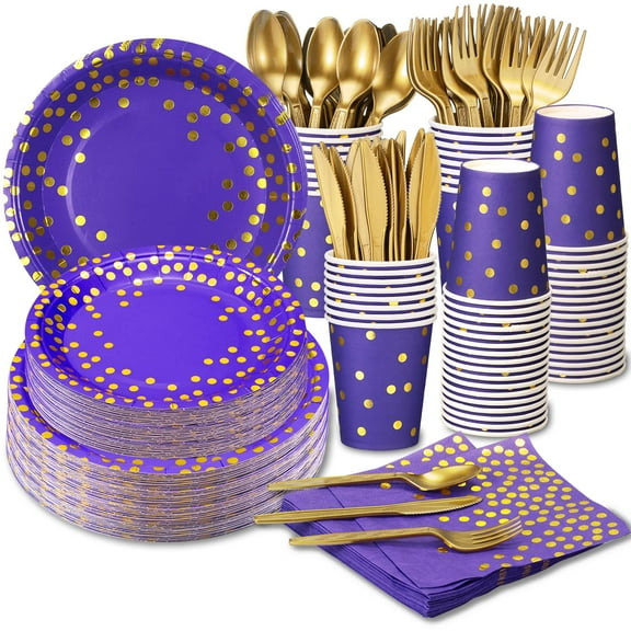 GuoZhiXin Purple and Gold Party Supplies AFN1140 Pieces Dot Disposable Party Dinnerware - Purple Paper Plates Napkins Cups, Gold Plastic Forks Knives Spoons for Baby Shower, Wedding, Graduation