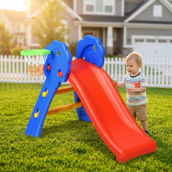 Kadyn 2 in 1 Toddler Slide Kids Slide for Age 3-8, Freestanding Kids Slide with Climber, Basketball Hoop, Red