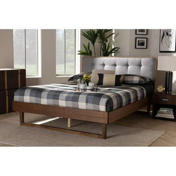 Baxton Studio Natalia Mid-Century Modern Light Grey Fabric Upholstered and Ash Walnut Finished Wood Full Size Platform