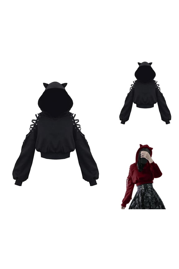 Cat Ear Hoodies for Women 2025 Long Sleeve Off Shoulder Cute Crop Top Costume Hoodie Hooded Sweatshirt Women Pullover