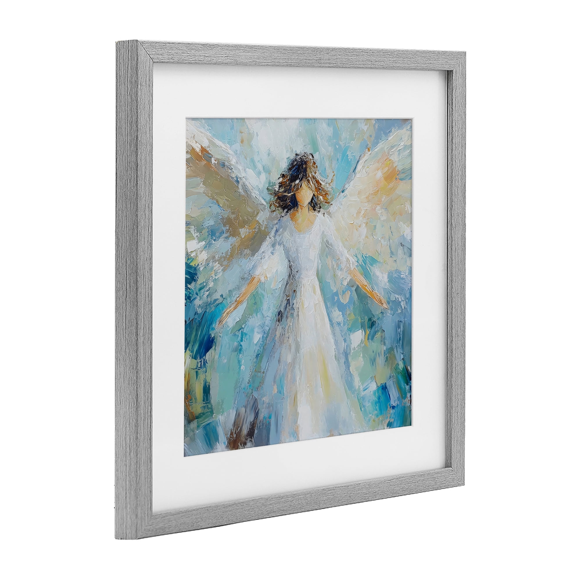 Flying Glory Angel Gray Framed Print Under Glass, design by Petal Prints Design