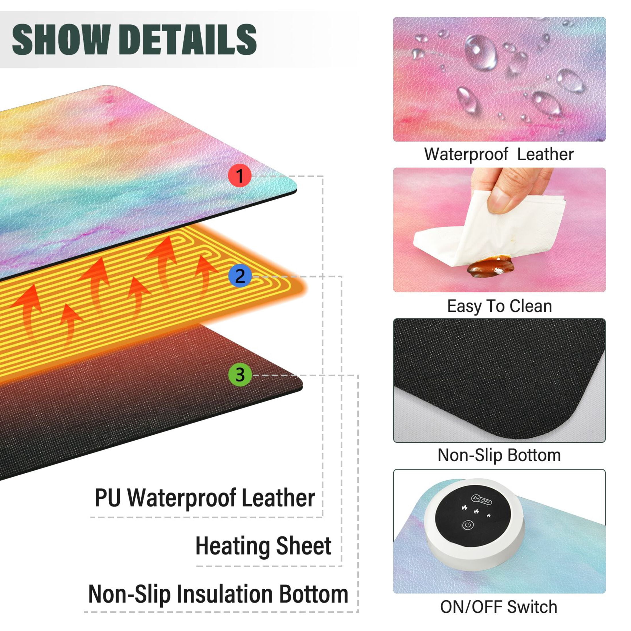 Large Heated Desk Mat Mouse Pad 31.5"x13"PU Leather Graphene Heating Desk Warmer with 3 Temperature Settings 110V US Plug Non-Slip Warm Pad for Home, Office, and Gaming Pastel Rainbow Tie-dye Pattern