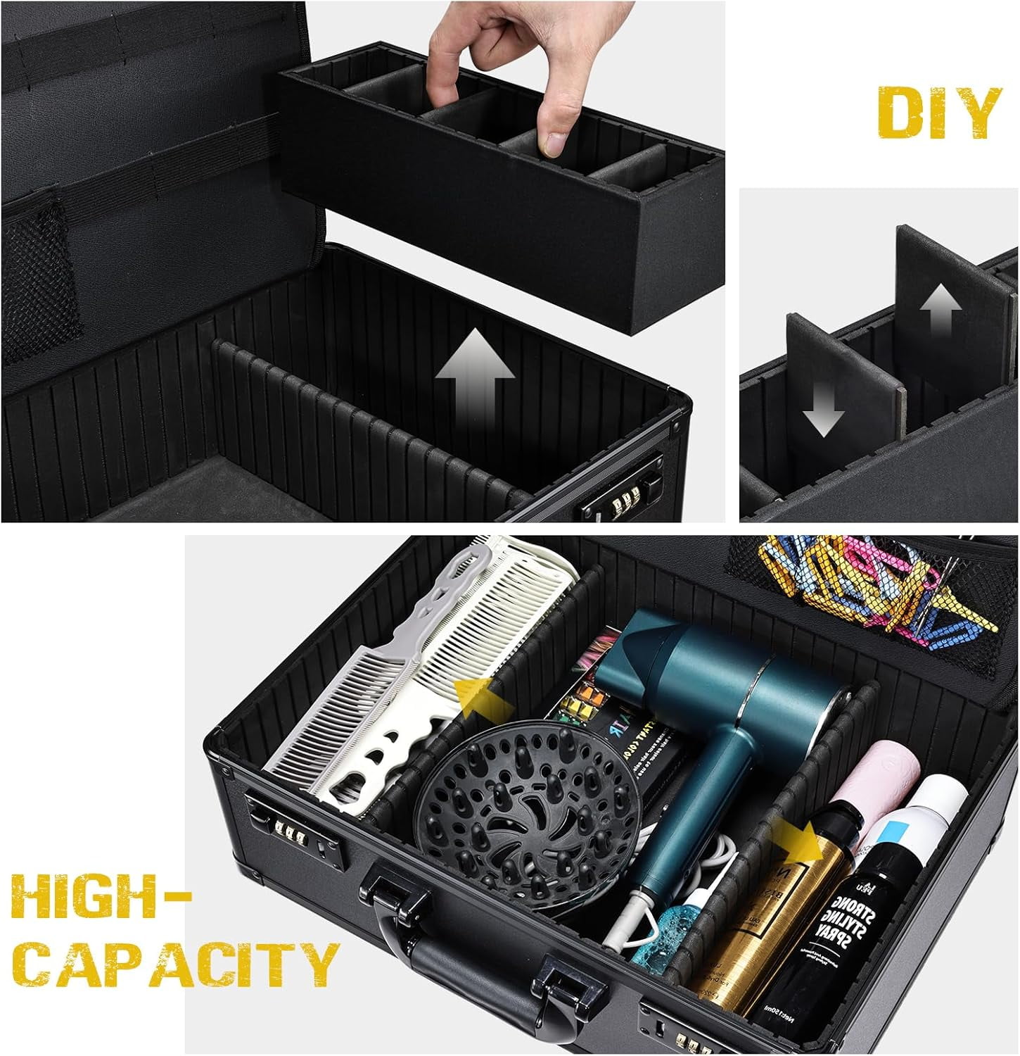 Professional Barber Case Hairdressing Box Organizer Portable Salon Travel Suitcase with Lock, Black