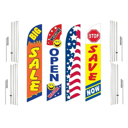 4 Swooper Flags With 4 Pole Kits Big Sale Welcome Open Patriotic Save Now