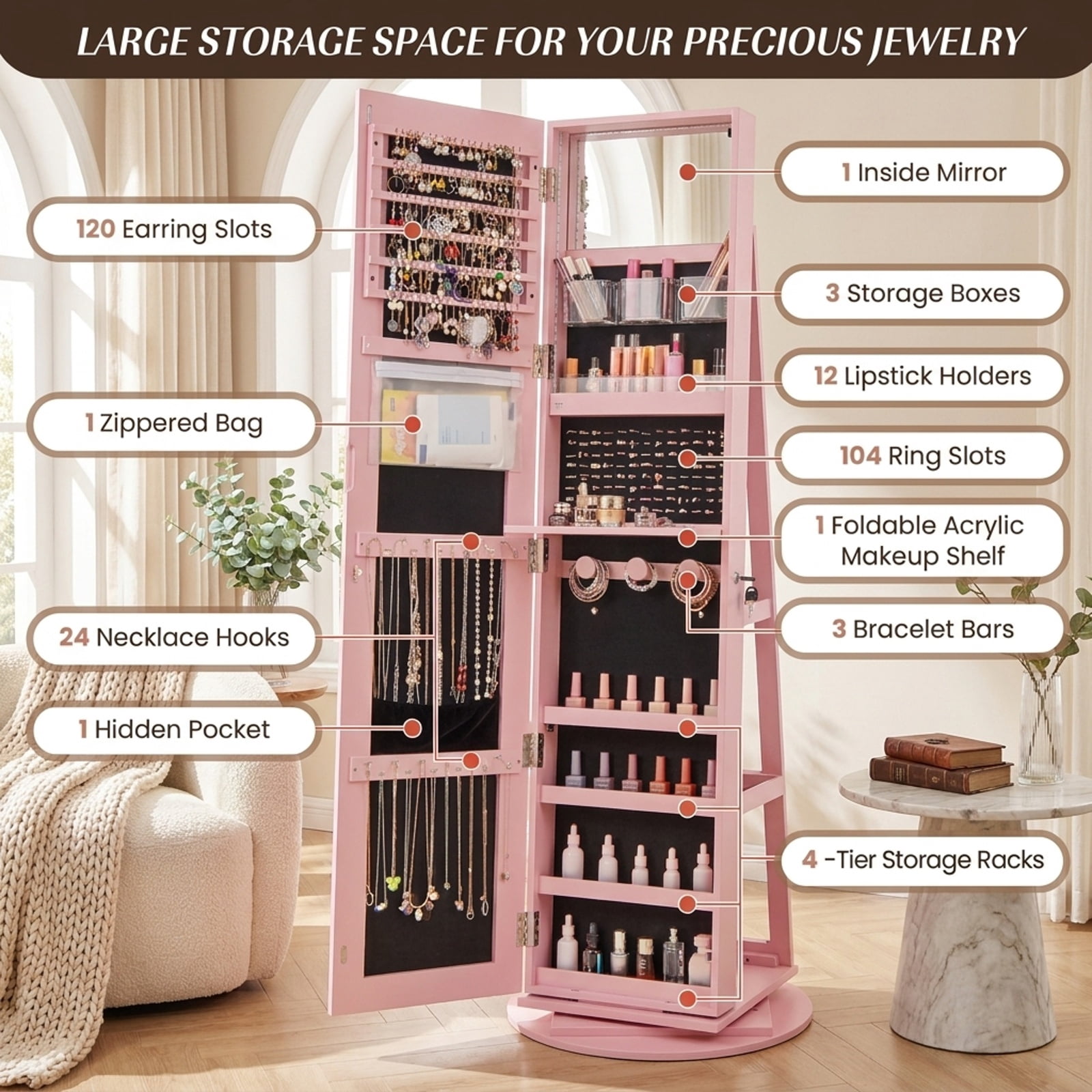Furnibear 360° Rotating Mirrored Jewelry Cabinet Armoire 3 Color LED Modes Lockable for Bedroom Dressing Room Jewelry Necklace Rings Storage, Pink