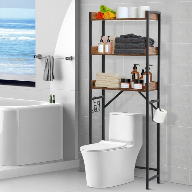Space-Saving 3-Tier Over Toilet Storage Rack - Freestanding Bathroom Organizer Shelf with Toilet Paper Holder & Hooks - Sturdy Metal and Rustic Wood, Easy Assembly,25"Lx10"W x 63.7"H - Antique Wood-2