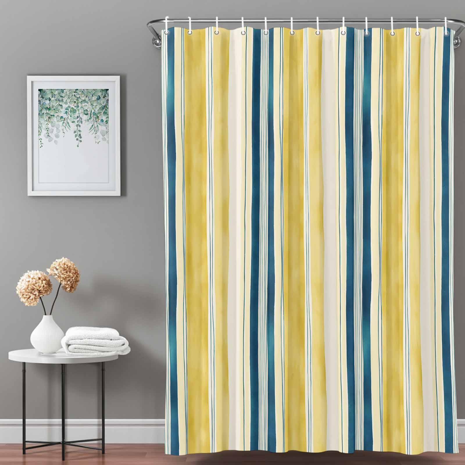 Bathroom Shower Curtain Gradient Yellow Blue Stripes Waterproof Shower Curtains with Hooks, Abstract Watercolor Line Bath Curtains Bathtub Curtain Home Decor 72x72in