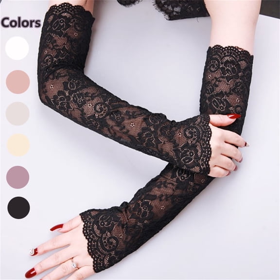 1Pair UV Protection Lace Arm Sleeves, Women's Floral Lace Sleeves Hollow Out Long Sunscreen Gloves Fingerless Driving Gloves