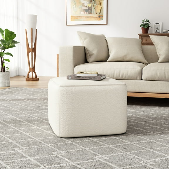 Christopher Knight Home Boucle Upholstered Square Ottoman, Modular Footrest with Wood Frame, White