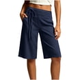 thumbnail image 3 of AHTJRT Tie Side Capri Pants for Women High Waist Knee Length Stretchy Breathable Summer Wide Leg Cotton Linen Capris with Pockets Dark Blue L, 3 of 10