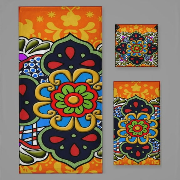 Mexican Talavera Flower Bath Towel Sets For Bathroom Hand Towels Fingertip Towels 3 Piece Soft Absorbent For Bathroom Kitchen Hotel Beach