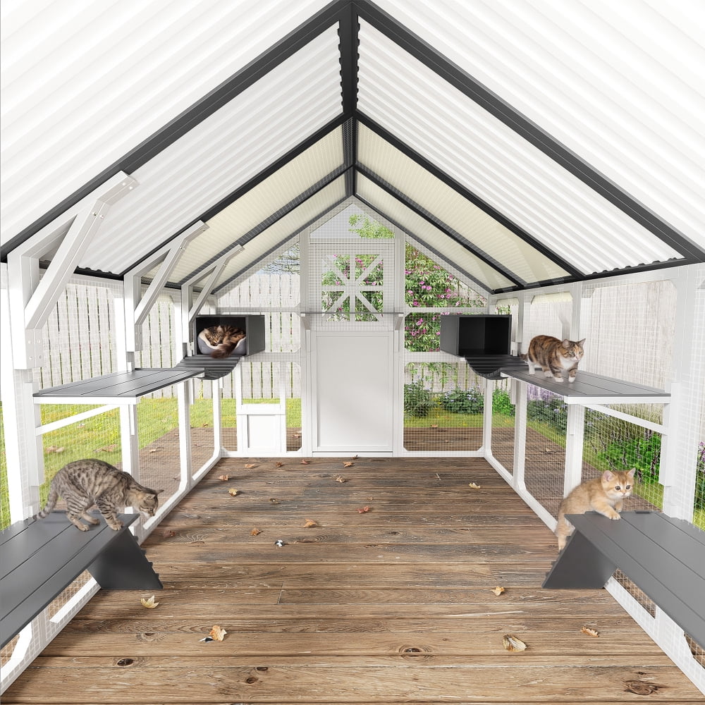 AUU Extra Large Walk-In Catio for Multiple Cats, Outdoor Cat Enclosure with Bridges, PVC Roof, Weatherproof Cover, 8 Platforms, and 2 Resting Boxes