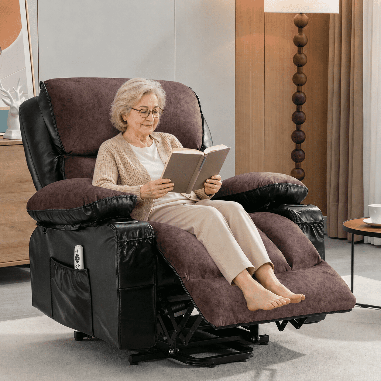 Lift Recliner Chair, LEGAHOME Electric Power Lift Recliner for Elderly with Heat Therapy and Massage, Oversized PU Leather Recliner Chair with Cup Holders, USB Port, Side Pocketst, Black & Brown